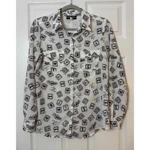 KARL LAGERFELD PARIS White Black Stamp Print Button Down Shirt‎ Women's XS
